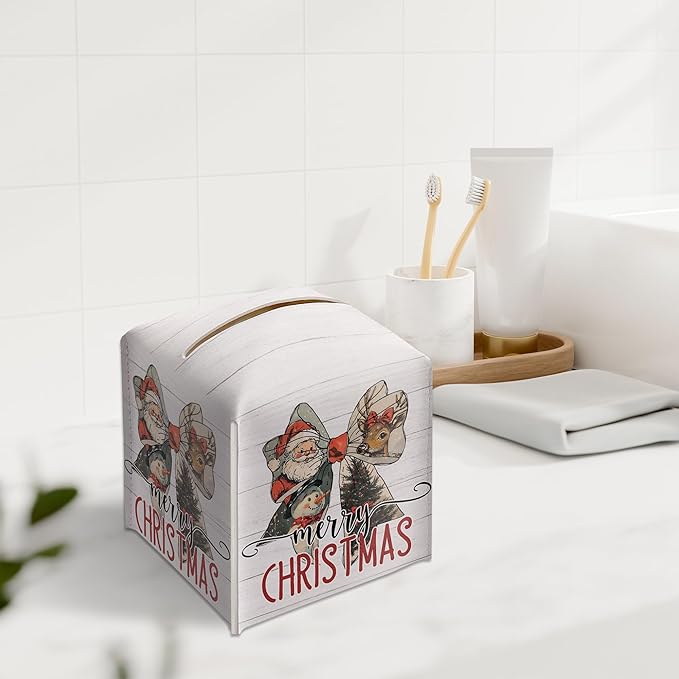 Merry Christmas Tissue Box Holder, Santa Claus Bow Reindeer Snowman Leather Tissue Box Cover Square, Paper Facial Decorative Tissues Cover for Bathroom Kitchen Office Home Decor-B26