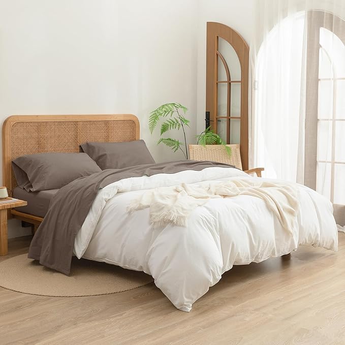 BESTOUCH Sheet Set 100% Washed Cotton Linen Feel Super Soft Comfortable Chic Lightweight 4 Pcs Home Bedding Set Solid Pine Bark Brown Queen
