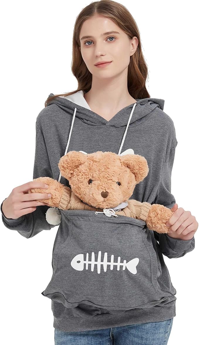 Gets Pet Cat Dog Pouch Hoodie Kitten Puppy Holder Carrier Pullover Long Sleeve Kangaroo Pocket Hoodie Unisex (Dark Grey,L)