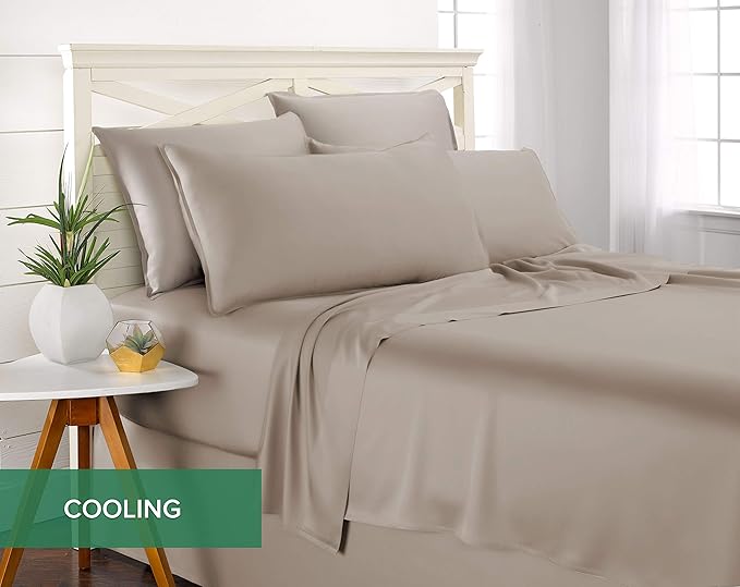 Pure Bamboo Split King Sheets, Genuine 100% Organic Viscose Derived from Bamboo Bed Sheet Set, Soft & Cooling, Double Stitching, 2 Fitted Sheets (Split King, Sand)