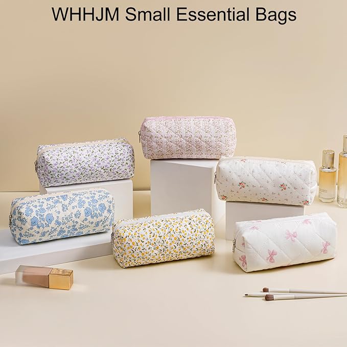 WHHJM Cute Floral Makeup Brush Bag Small Cotton Quilted Cosmetic Bag for Women Travel Toiletry Zipper Make Up Pouch (Yellow Small Flowers)