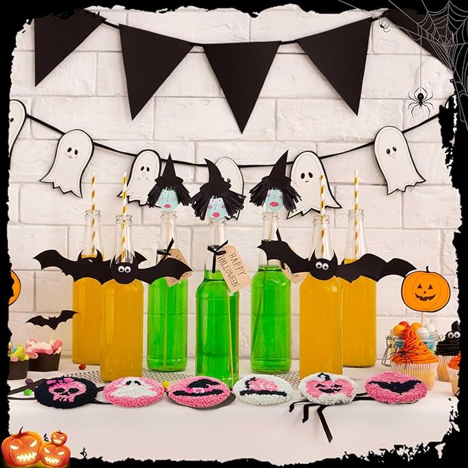 Yaomiao 6 Pcs Halloween Punch Needle Coaster Kit Punch Needle Embroidery Kits with Patterns Yarns Tools Adhesive Felt Embroidery Hoop Instruction Holder for Adult DIY Craft Supplies