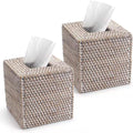 2 Pack Rattan Tissue Box Cover Square, Hand Woven Wicker Tissue Holder, 5.5 x 5.5 X 5.7 inch, Whitewash