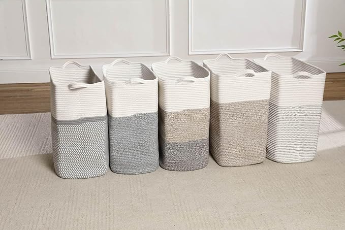 Tall Laundry Basket With Handles,Woven Cotton Rope Big Laundry Hamper Sorters,Versatile Storage for Dirty Clothes,Baby Toys,and Blankets in Bathroom, Nursery,and Living Room (White/Black Line, 68L)