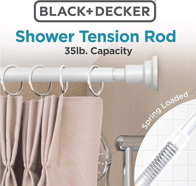 BLACK+DECKER Tension Shower Curtain Rod 42-72 Inch – Drill-Free Adjustable Curtain Rod, Rust-Resistant Stainless Steel Tension Curtain Rod for Shower, Bathroom, Window, Closet – 35 lb Capacity