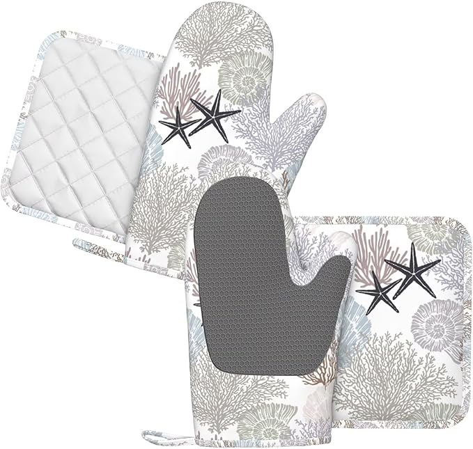 Nautical Coastal Oven Mitts and Pot Holders Set, 4pcs Silicone Starfish Seashell Coral Beach Themed Oven Glove for Kitchen Heat Resistant Oven Mitts and Non-Slip Potholders Purple Grey