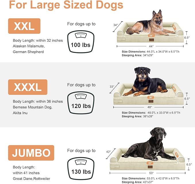 Large Dog Bed Orthopedic Washable: Jumbo Dog Bed Bolster Extra Large Dogs Egg Crate Foam Sofa Couch Waterproof Removable Cover - Beige