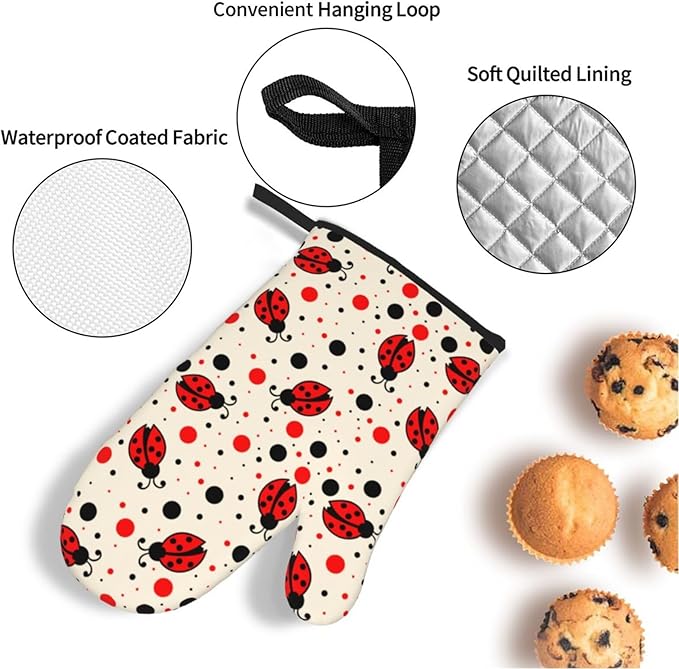 Ladybugs Oven Mitts and Pot Holders 4 Pcs Set Oven Gloves and Potholders for Cooking Microwave BBQ Baking Grilling