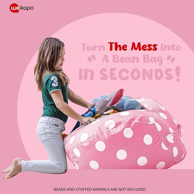 WEKAPO Stuffed Animal Storage Bean Bag Chair Cover for Kids | Stuffable Zipper Beanbag for Organizing Children Plush Toys Large Premium Cotton Canvas (Pink Dot, X-Large)