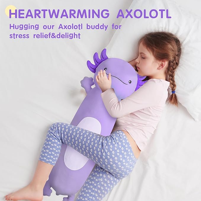 Dalmao 36 inch Cute Giant Purple Axolotl Plush Soft Body Pillow, Large Squishy Plushies Axolotl Stuffed Animals Toy, Gifts for Kids Boys Girls Birthday, Halloween, Christmas