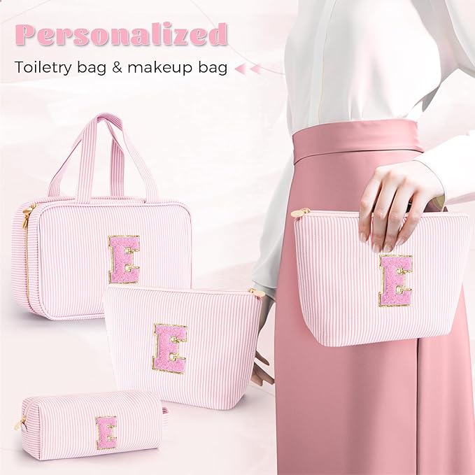 Fystdtote Valentines Day Birthday Gifts for Her Bridesmaid Friend Sister Teacher Wife Grandma - Personalized Toiletry Bag Makeup Bag for Women - Monogram Cosmetic Bag Travel Bag Brush Holder - Pink E