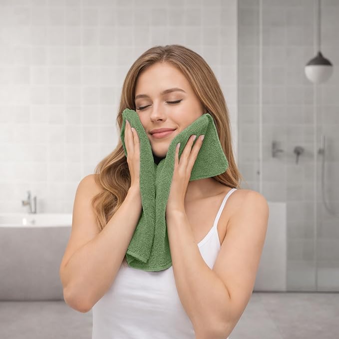 RIVERSIDE 12 Pack Premium 100% Cotton Face Wash Cloths, 12 x 12 Inches, Soft & Absorbent Face Towels for Bathroom Wash Clothes, 550 GSM, Luxury WashCloths for Showering, Body, Spa & Gym, Sage Green