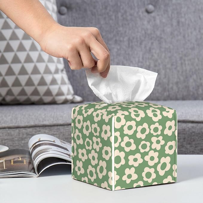 POIUBLE Tissue Box Holder Green Groovy Flower Tissue Box Cover Square Leather Tissue Holder Organizer Portable Decorative Facial Paper Case for Home Office Bathroom Vanity Countertop