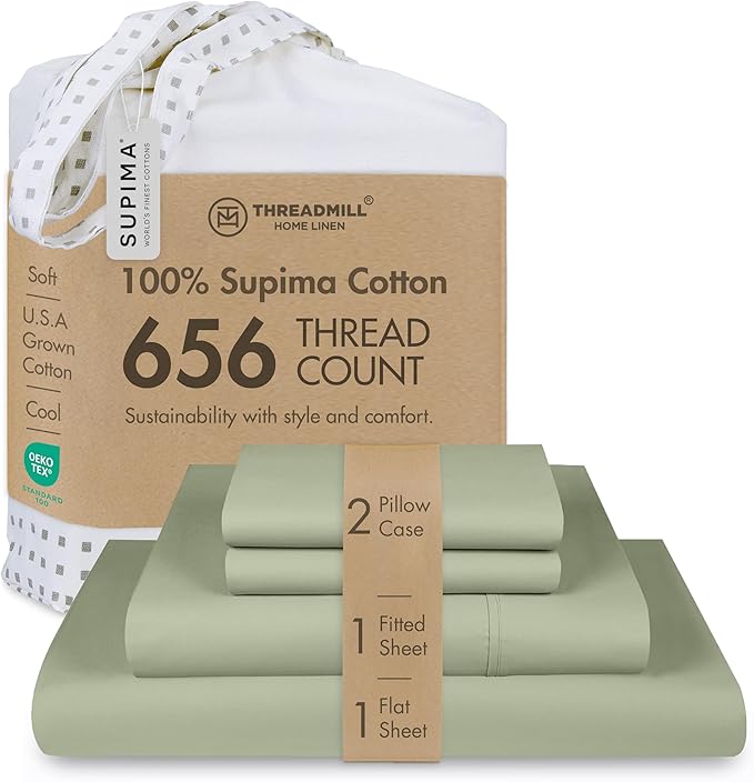 Threadmill Supima Cotton Sheets Queen | 656 Thread Count for Queen Mattress | 4 Piece Luxury Bed Sheets | Sateen Weave Hotel Quality with Elasticized Deep Pocket| Sage Green