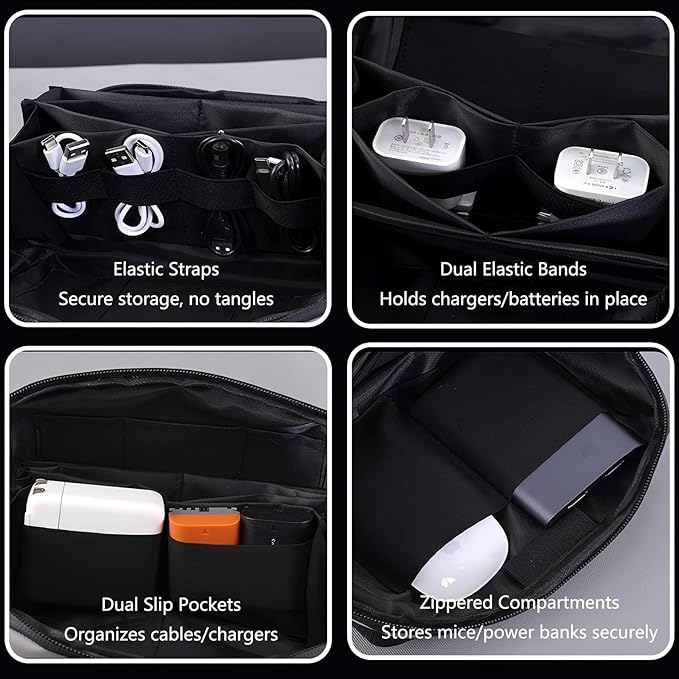 Electronics Travel Organizer Case - Tech Accessories Cord Storage Bag for Phone, Charger, Power Bank, Cables, USB, SD Card, Earphones, Magic Mouse - Portable Cable Organizer Pouch for Travel (Black)