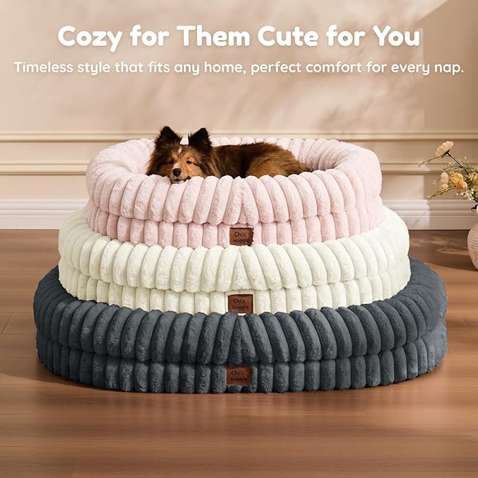 ChiXnuggle Dog Bed Large Sized Dog - Luxury Striped Faux Fur Waterproof Pet Couch with Removable Washable Cover, Orthopedic Pet Bed with Bolster Sides for Sleeping, Pink