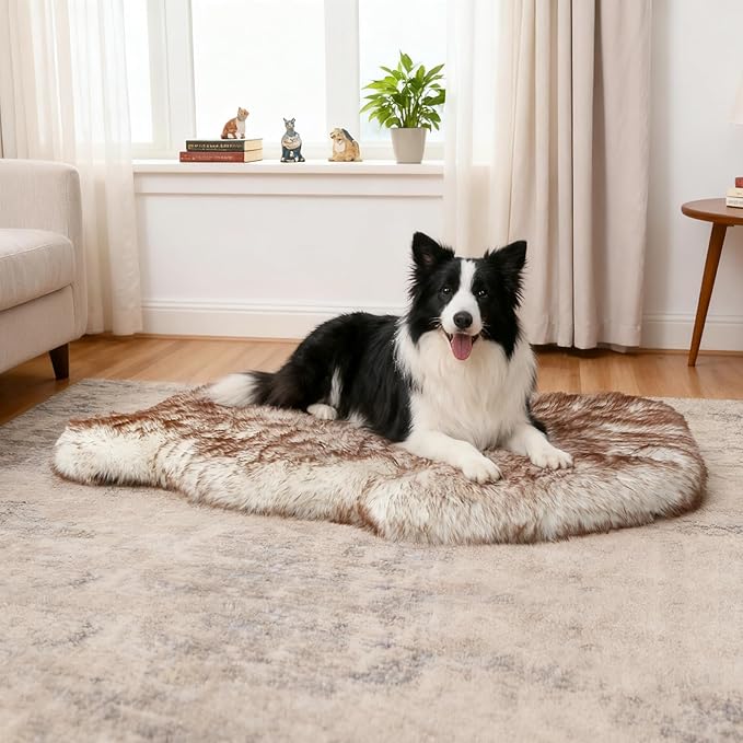 Welfibr 100% Waterproof Large Dog Bed Luxury Faux Fur Dog Mat Orthopedic Fluffy Dog Beds for Large Dogs Comfy Dog Beds Large Sized Dog Washable Dog Rug Bed with Removable Cover Non-Slip Dog Pad 50"