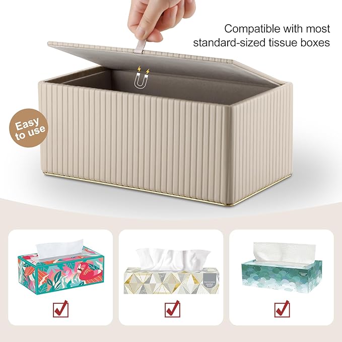 KINGFOM Rectangular Tissue Box Cover, PU Leather Tissue Box Holder with Magnetic Bottom, Napkin & Facial Tissue Holder Dispenser Decorative Box Cover for 120-count (3-Ply) 160-count (2-Ply) Beige