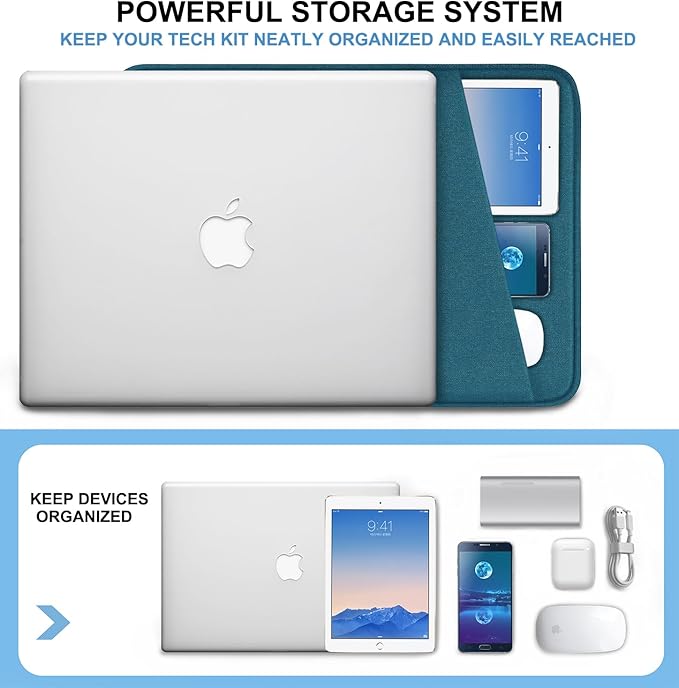 Laptop Sleeve Bag 13.3 inch, Shockproof Protective Computer Cover with Accessories Pocket, Portable Laptop Case Compatible with MacBook Air/Pro 13-13.3 inch, Compatible for MacBook Pro 14 inch, Cyan
