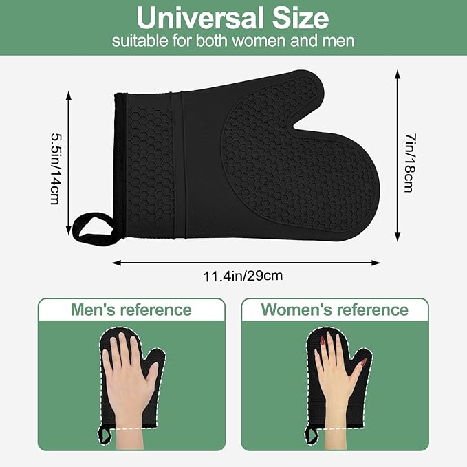 Silicone Oven Mitts Heat Resistant to 500ºF Kitchen Gloves Oven Gloves Silicone Oven Mitt Pair Oven Mitts Set Thickened Waterproof Mittens for Women Men Kitchen Home, 1 Pair (Black)
