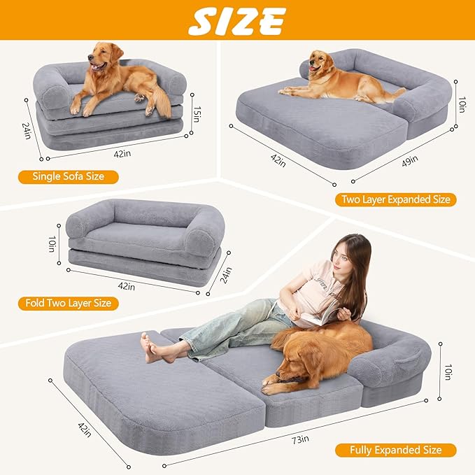 ondware Foldable Human Dog Sofa Bed, 73x42x10 in Plush Pet Bed with Egg Foam Mattress, Portable Dog Bed for Adults, Camping Indoor Use