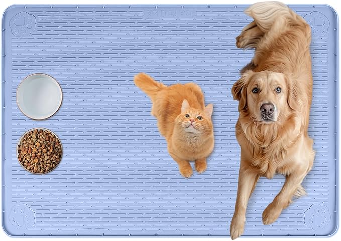Bartuke Cat Food Mat, 40" x 28" Extra Large Silicone Pet Feeding Mat with Raised Edge Pet Placemat for Food and Water Bowl Non-Slip, Easy to Clean, Floor Protection (Blue)