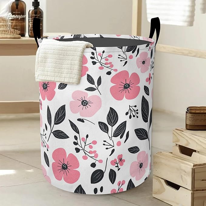Laundry Basket, Pink Flowers Oxford Cloth Laundry Hamper With Handle Foldable Portable Clothes Storage Basket Storage Bag For Laundry Room/Bathroom/Bedroom/Dormitories