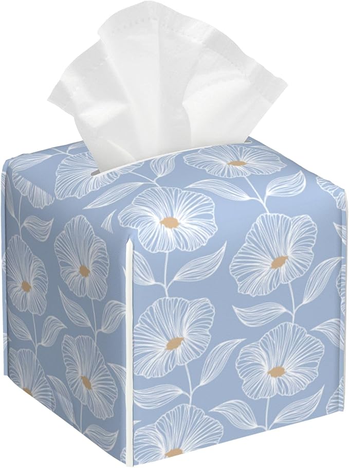 Leather Tissue Box Holder Blue Floral Tissue Box Cover Facial Paper Case Organizer Cube Napkin Dispenser for Bathroom Vanity Countertop Night Stand Office Car