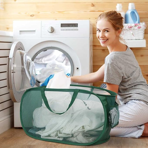 2 Pcs Durable Collapsible Laundry Baskets - Reinforced Mesh Pop Up Laundry Hamper with Pocket, Foldable Dirty Clothes Hamper with Carry Handles for Laundry, Bathroom, Kids Room, Dorm or Travel Green