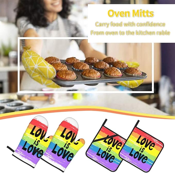 Rainbow Pride Love Oven Mitts and Pot Holders Set of 4, Oven Mittens and Potholders Heat Resistant Gloves for Kitchen Cooking Baking Grilling BBQ