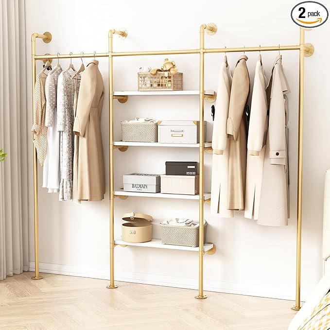 KAILNKISS Industrial Pipe Clothing Rack, Wall Mounted Clothes Rack Gold Clothing Rack with Shelves Clothes Hanging Shelf-94.5''L Gold