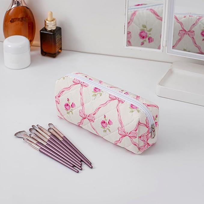 WHHJM Cute Floral Makeup Brush Bag Small Cotton Quilted Cosmetic Bag for Women Travel Toiletry Zipper Make Up Pouch (Pink Bowknot Rose)