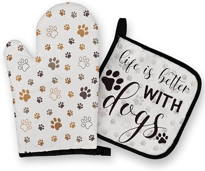 OHSUL Paw Print Oven Mitts and Pot Holders Set, Heat Resistant Oven Gloves with Dog Paws Design in Beige, Perfect for Women. Dog Lovers Kitchen Decor, Owner Mom Gifts.
