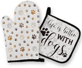 OHSUL Paw Print Oven Mitts and Pot Holders Set, Heat Resistant Oven Gloves with Dog Paws Design in Beige, Perfect for Women. Dog Lovers Kitchen Decor, Owner Mom Gifts.