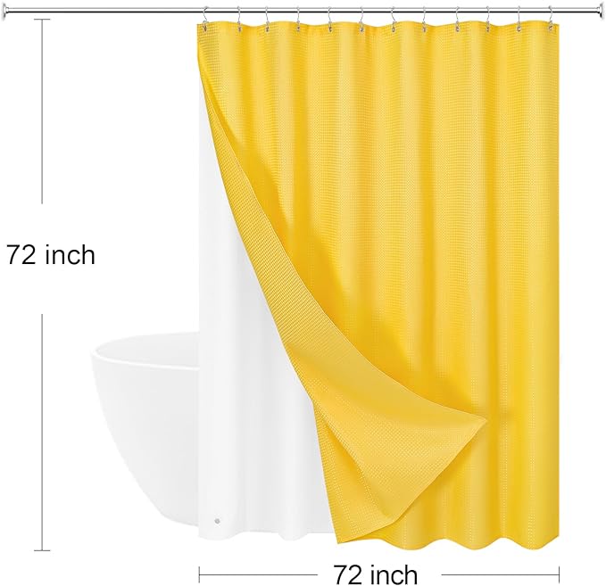 Craidlela 3 in 1 Shower Curtain Set, Yellow Waffle Shower Curtain and PEVA Liner Set with 12 Stainless Steel Shower Curtain Hooks, Waterproof Shower Curtains for Bathroom, 72 W x 72 H