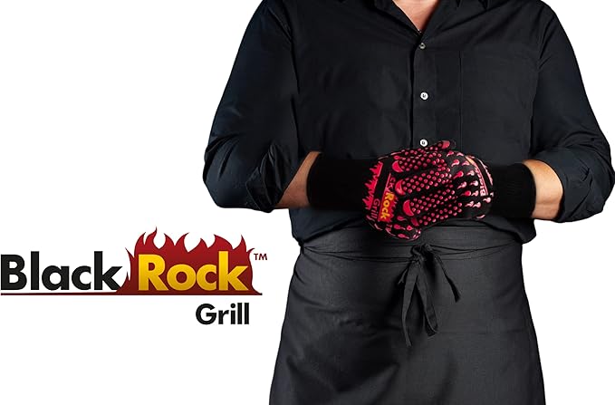 Black Rock Grill Fire & Heat Resistant Cooking Gloves 923F -28cm Silicone Safety Oven Mitts with Fingers- Gloves for Grilling, BBQ, Fireplace, Lava Stones, EN407,EN388, EN ISO 21420 Certified (Medium)