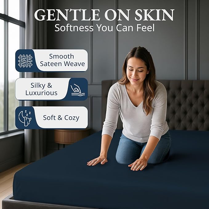 Lane Linen 100% Egyptian Cotton King Size Fitted Sheet Only (79"x81" + 16") - Elegant Sateen Weave, Ultra Soft, Breathable, Highly Durable, Deep Pockets Upto 17" - Dark Denim