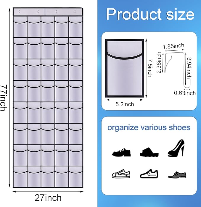Teikou 40 Mesh Pocket Over the Door Shoe Organizer,Hanging Shoe Rack for Closet Storage Holder for Dorm Room College Classroom Storag(White)