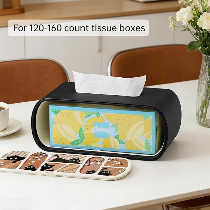 MEIBOOCH Cat-Themed Tissue Box Cover Rectangle, Stylish Tissue Holder for up to 4 Inches High Boxes, Curved Edge Tissue Box Holder (Black)