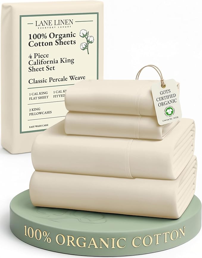 LANE LINEN 100% Organic Cotton California King Sheets Set, 4-Piece Pure Organic Cotton Long Staple Percale Weave Soft Best Bedding Sheets for Bed, Breathable, Fits Mattress Upto 15" Deep - Natural