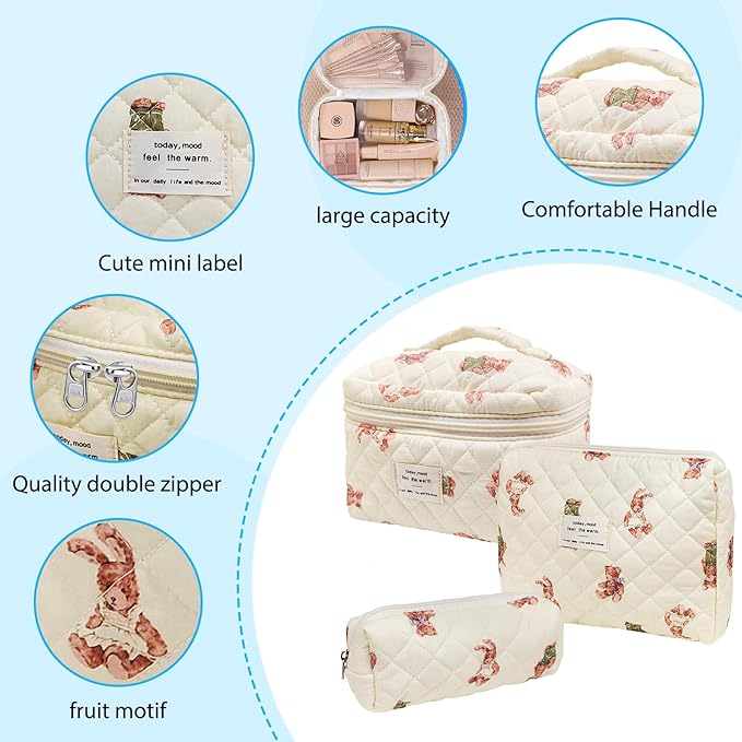 Cozomga Quilted Makeup Bag, Large Capacity Travel Cosmetic Bag for Women and Girls, Aesthetic Storage for Daily and Travel Use (3pcs-Littlebear)