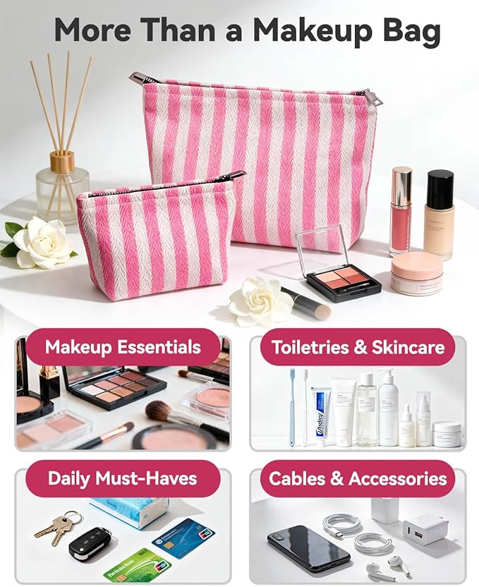 2 Pcs Makeup Bag Set, Women Gifts, Travel Cosmetic Bags, Canvas Make up Bag for Purse, Pink Striped Makeup Pouch with Zipper Lining, Cosmetic Storage Car Organizer, Portable Large & Small Toiletry