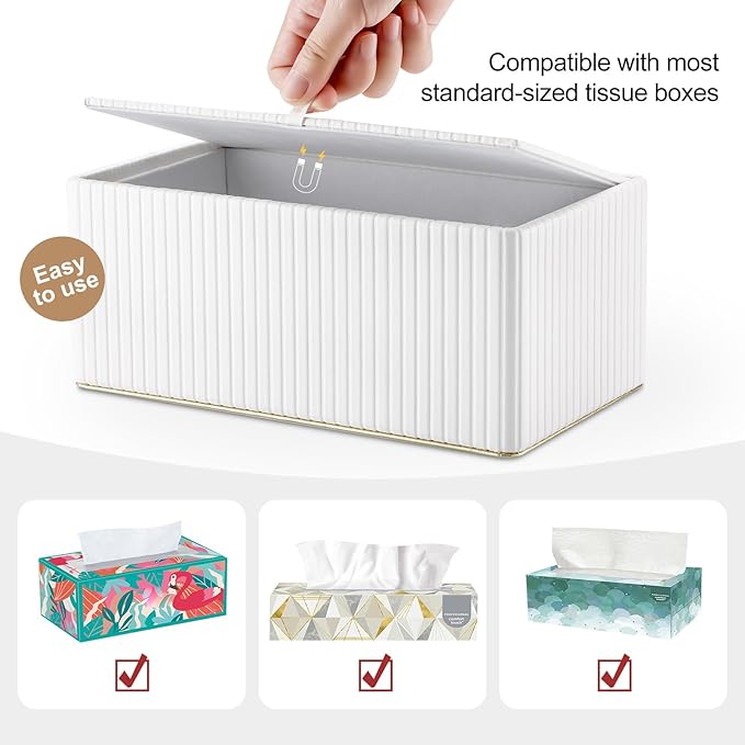 KINGFOM Rectangular Tissue Box Cover, PU Leather Tissue Box Holder with Magnetic Bottom, Napkin & Facial Tissue Holder Dispenser Decorative Box Cover for 120-count (3-Ply) 160-count (2-Ply) White