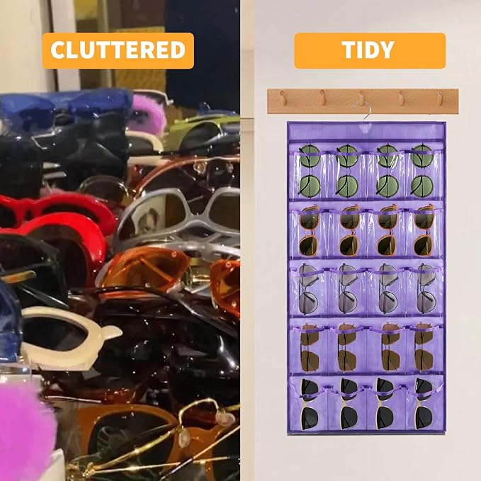 TEMUORG 2 Pcs Sunglasses Organizer Storage Sunglass Holder for Wall Hanging Eyeglass Organizer for Multiple Glasses with 40 Clear Slots (PURPLE)
