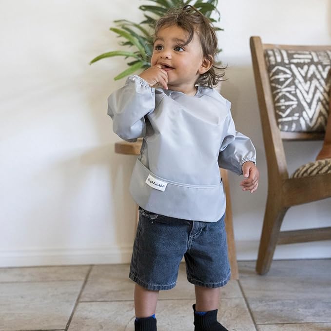 Tiny Twinkle Long Sleeve Bib for Babies & Toddlers | 2-Pack Waterproof Smock Bib for Eating | Machine Washable & Mess-Proof Feeding Essentials | Newborn Shower Gift (Grey Indigo,6–24M)