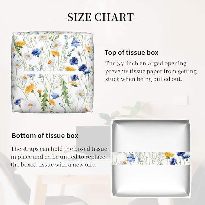 Tissue Box Cover Square, Watercolor Dandelion Cornflower Flower Leather Tissue Box Holder Decorative Organizer for Bathroom, Home Office Car Decor