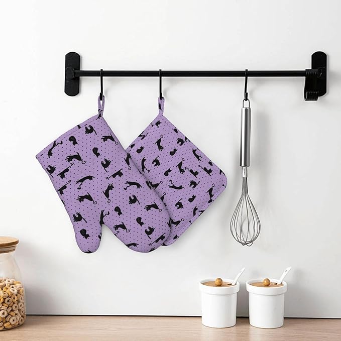Black Cat Oven Mitts and Pot Holders Sets of 4,Resistant Hot Pads with Polyester Non-Slip BBQ Gloves for Kitchen,Cooking,Baking,Grilling