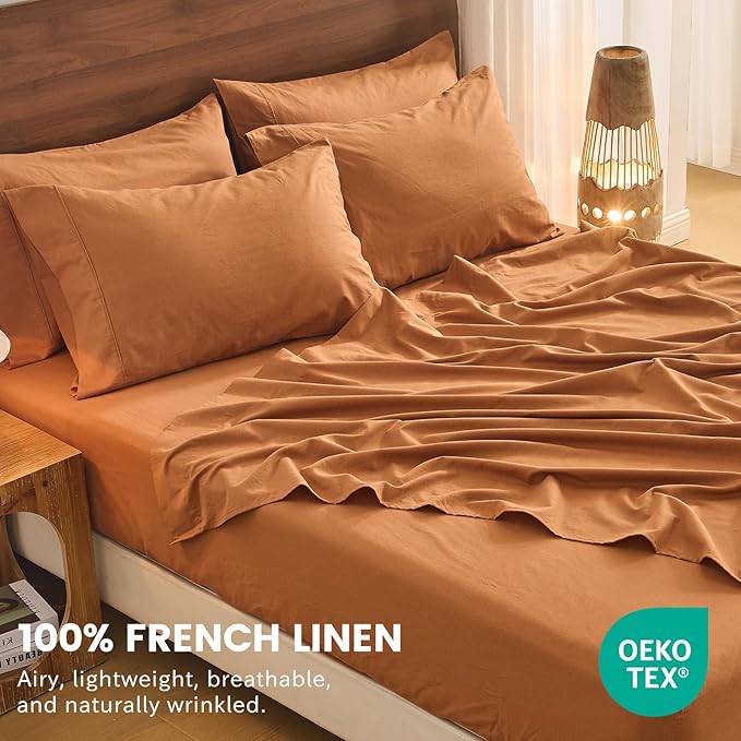 Bedlifes 100% French Flax Linen Sheets Set Queen Size - 6 Piece Extra Deep Pocket 18-24",Soft Breathable Queen Bed Sheets with Temperature Regulating & Moisture-Wicking(Brown