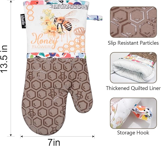 Oven Mitts, Heat Resistant with Soft Quilted Cotton Lining Set of 2, Fashion Bee Design with Silicone Printing Anti-Slip Kitchen Gloves for Safe Backing Cooking Barbecue (Khaki, Bee)