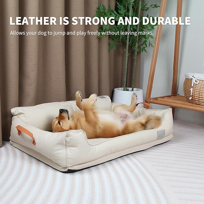 Removable Orthopedic Dog Beds for Large Dogs, Leather Memory Foam Dog Sofa Bed, Waterproof Durable Dogs Bed Couch with Non Skid Bottom for All Pet Sizes (Beige, X-Large)